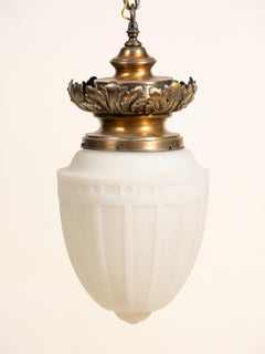 Antique Foliate Bronze Pendant with Frosted Opal Glass on Chain, USA, 1900