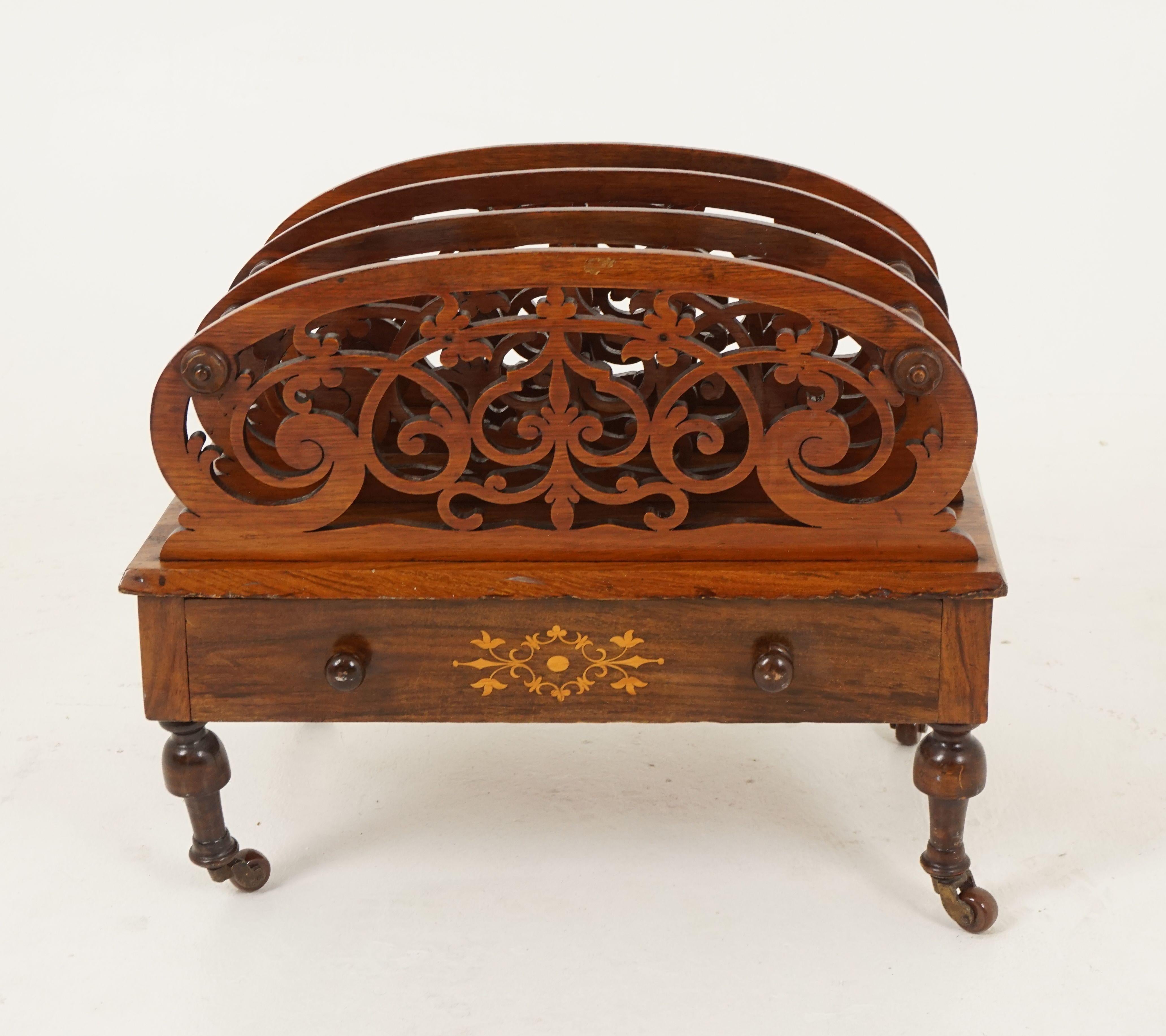 Antique foliate canterbury, Victorian, inlaid Walnut, Scotland 1860, H201

Scotland 1860
Solid Walnut+ inlaid veneers
Original finish
The three divisions with shaped top rail
With foliate fret work panels
Connected with bobbin turnings
Over an