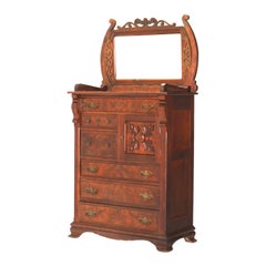 Antique Foliate Carved Walnut & Burl Mirrored Gentleman’s Chest C1910