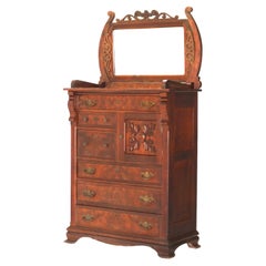 Antique Foliate Carved Walnut & Burl Mirrored Gentleman’s Chest C1910