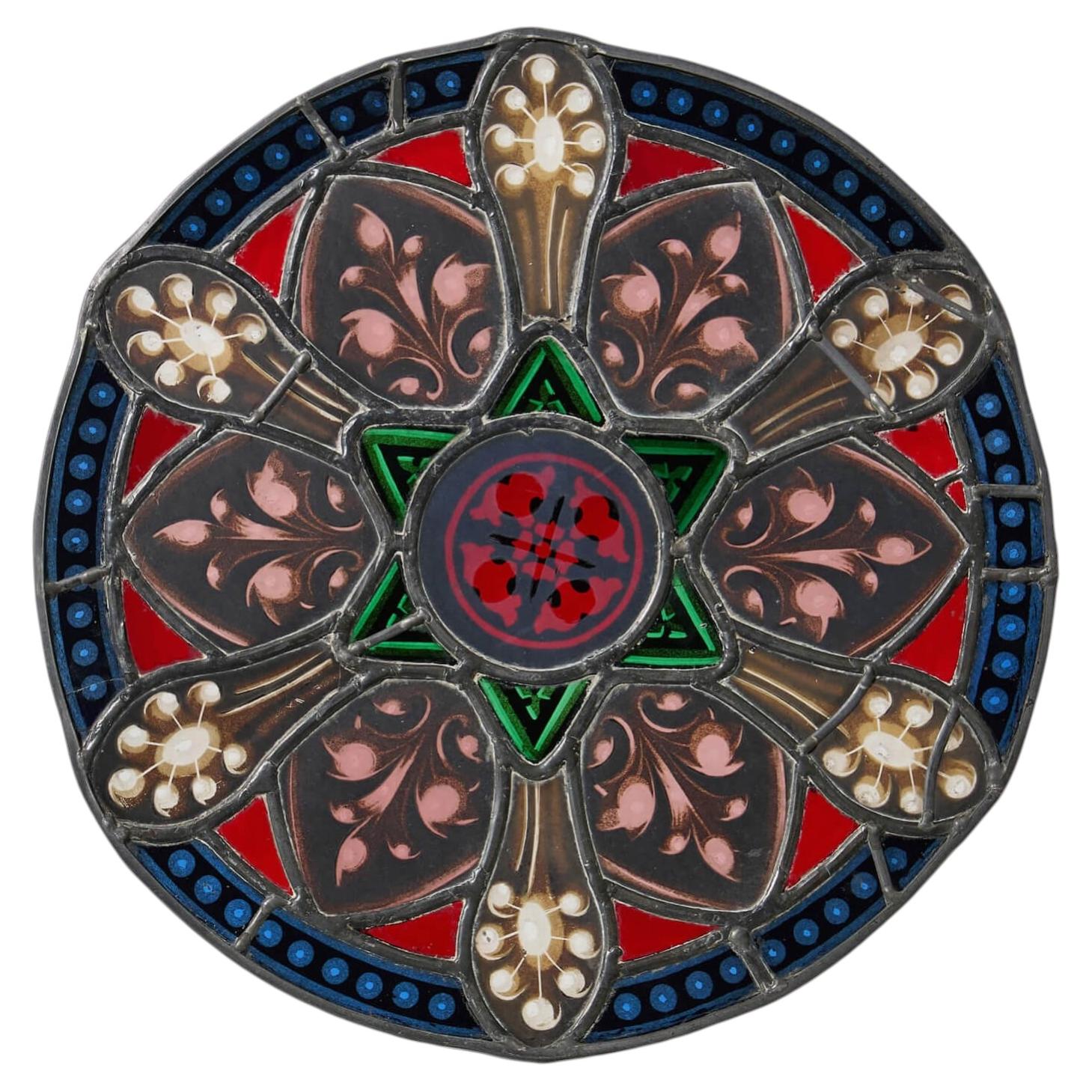 Antique Foliate Ecclesiastical Stained Glass Roundel