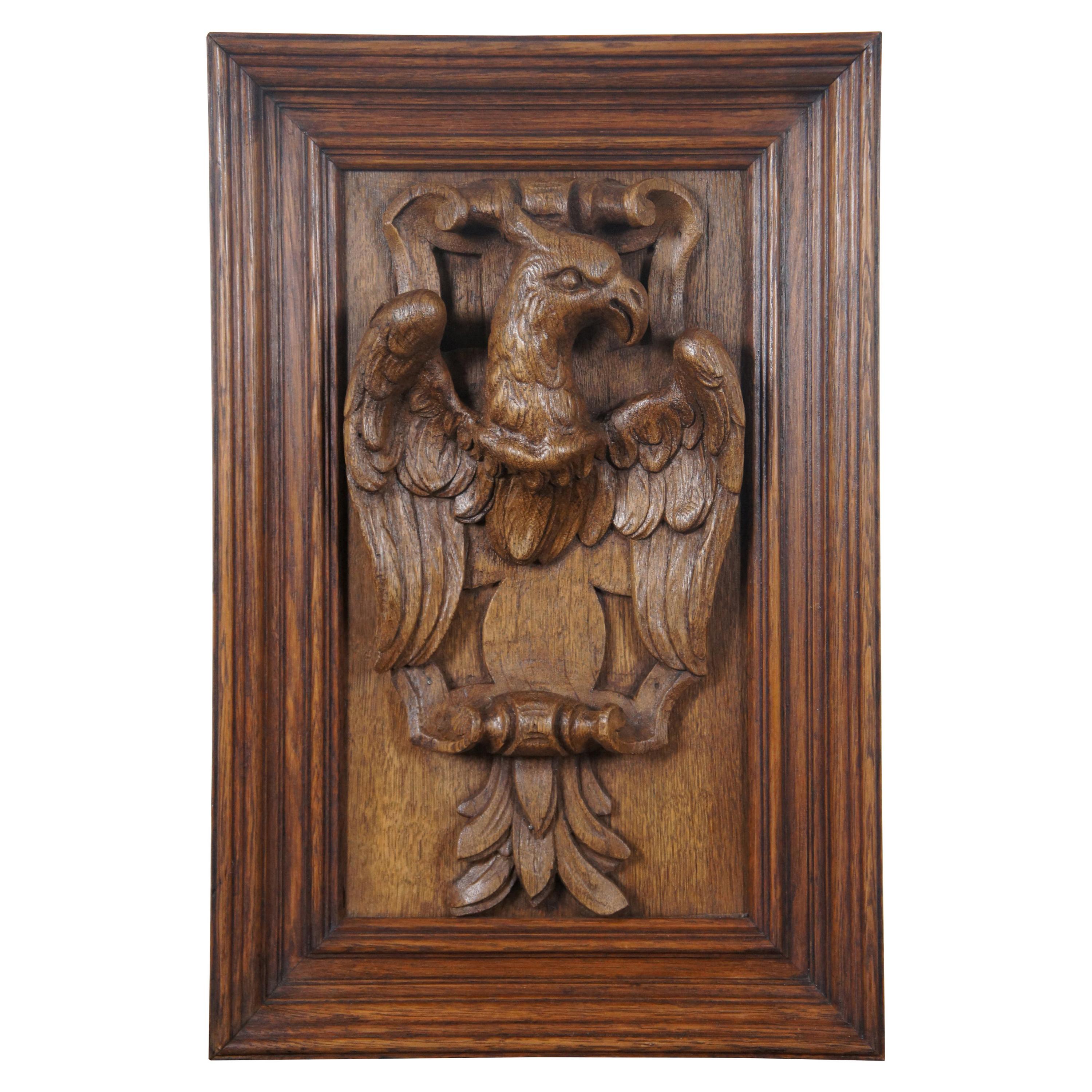 Antique Folk Art American Eagle Carved Oak Wall Plaque High Relief Heraldic