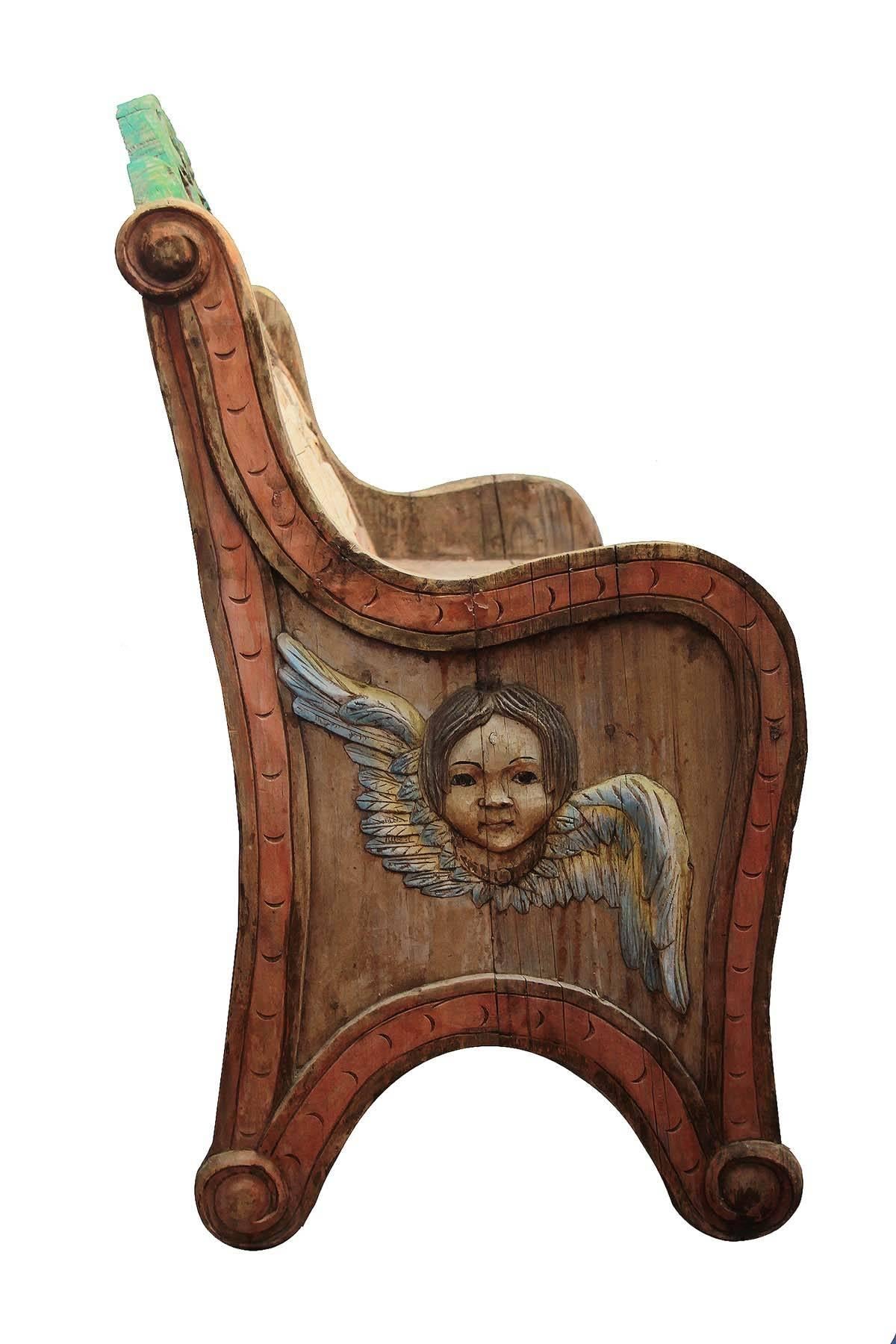 Amazing early American Folk Art bench. The carving is amazing and detailed. Color seems to have been added at a later and more than once I am sure of. Solid wood, some repairs, overall a structurally strong bench with many years left in its life.