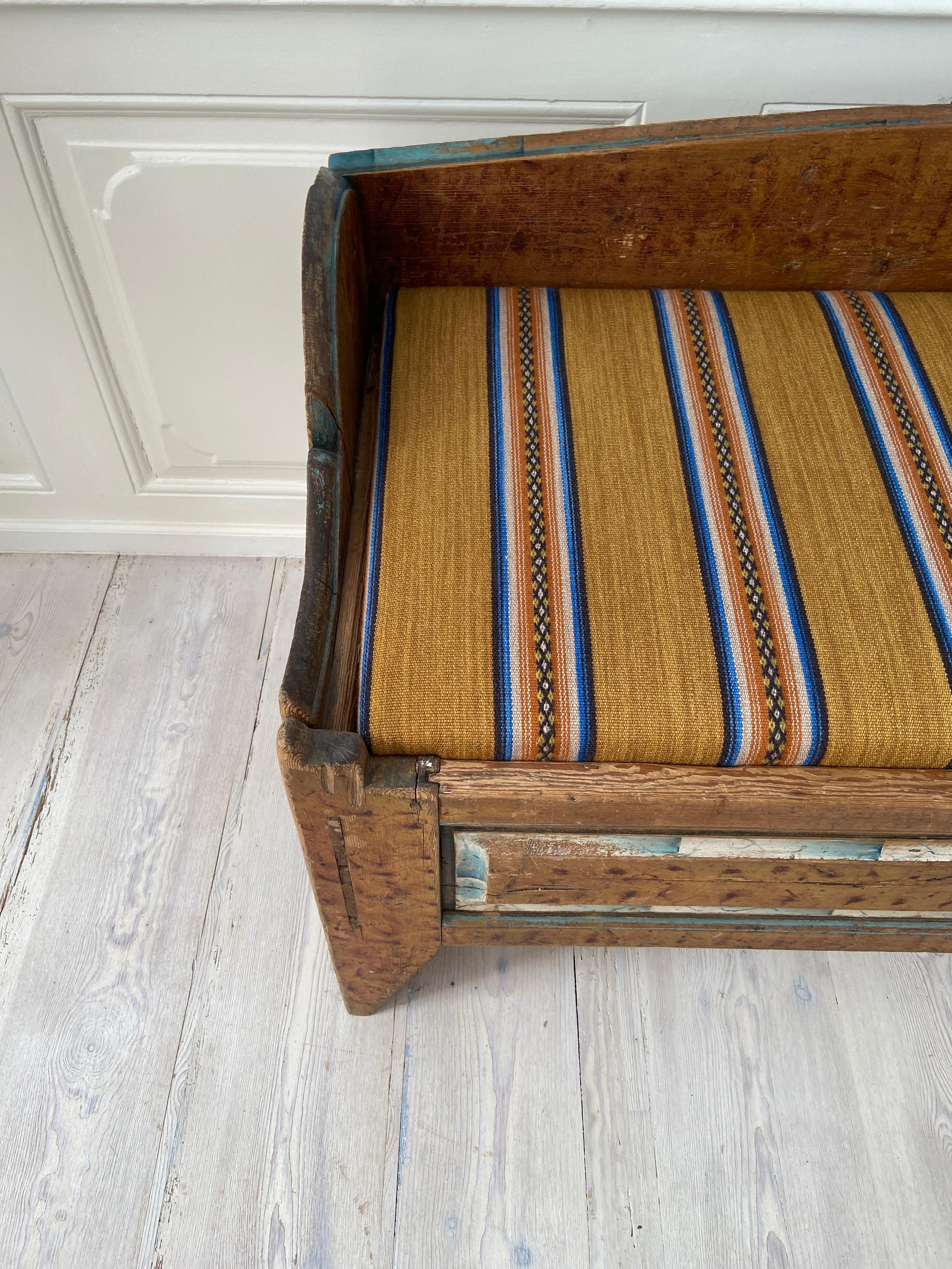 Swedish Antique Folk Art Bench In Pine With Upholstered Seat, Sweden Late 18th-Century