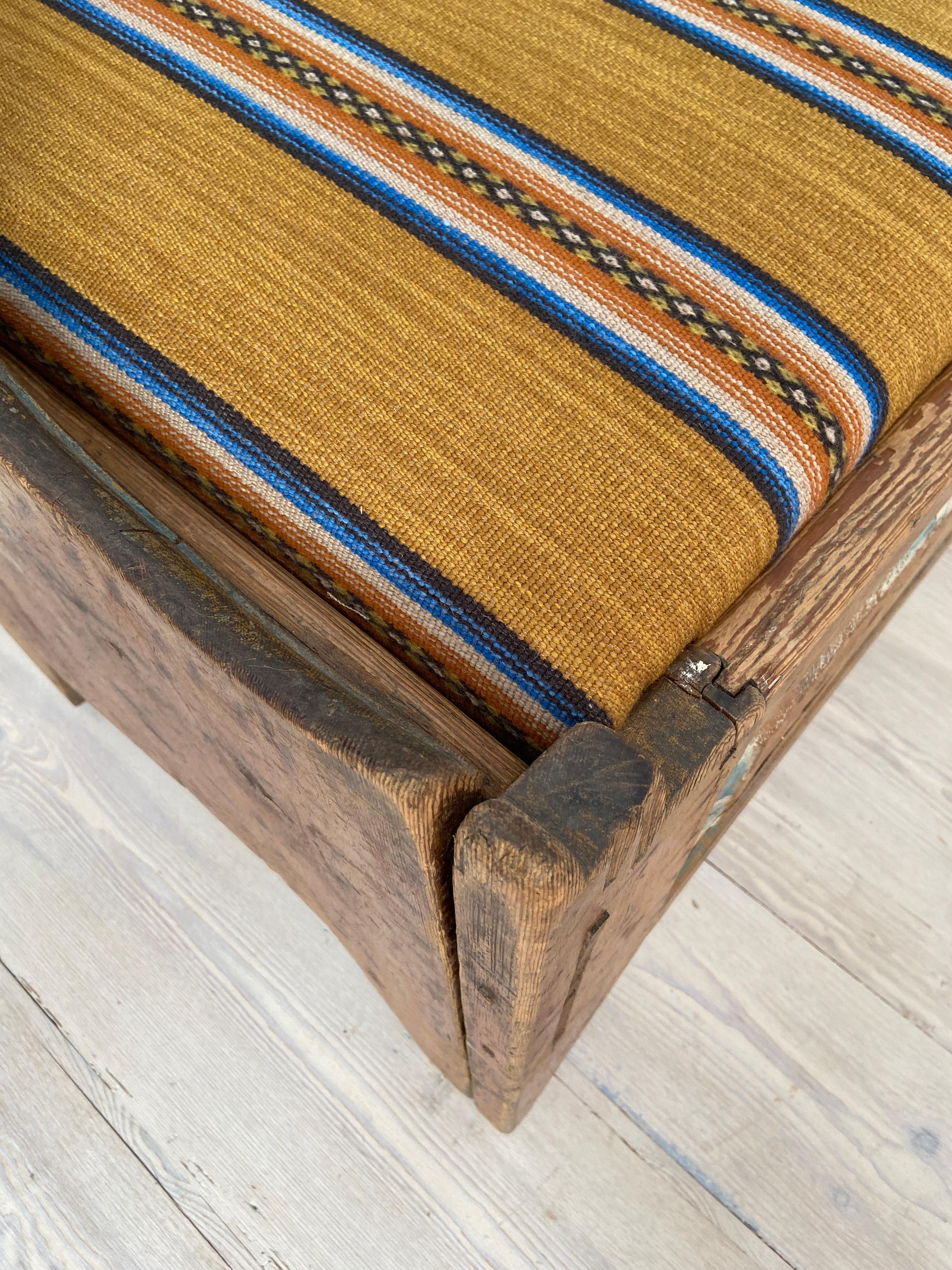 18th Century Antique Folk Art Bench In Pine With Upholstered Seat, Sweden Late 18th-Century