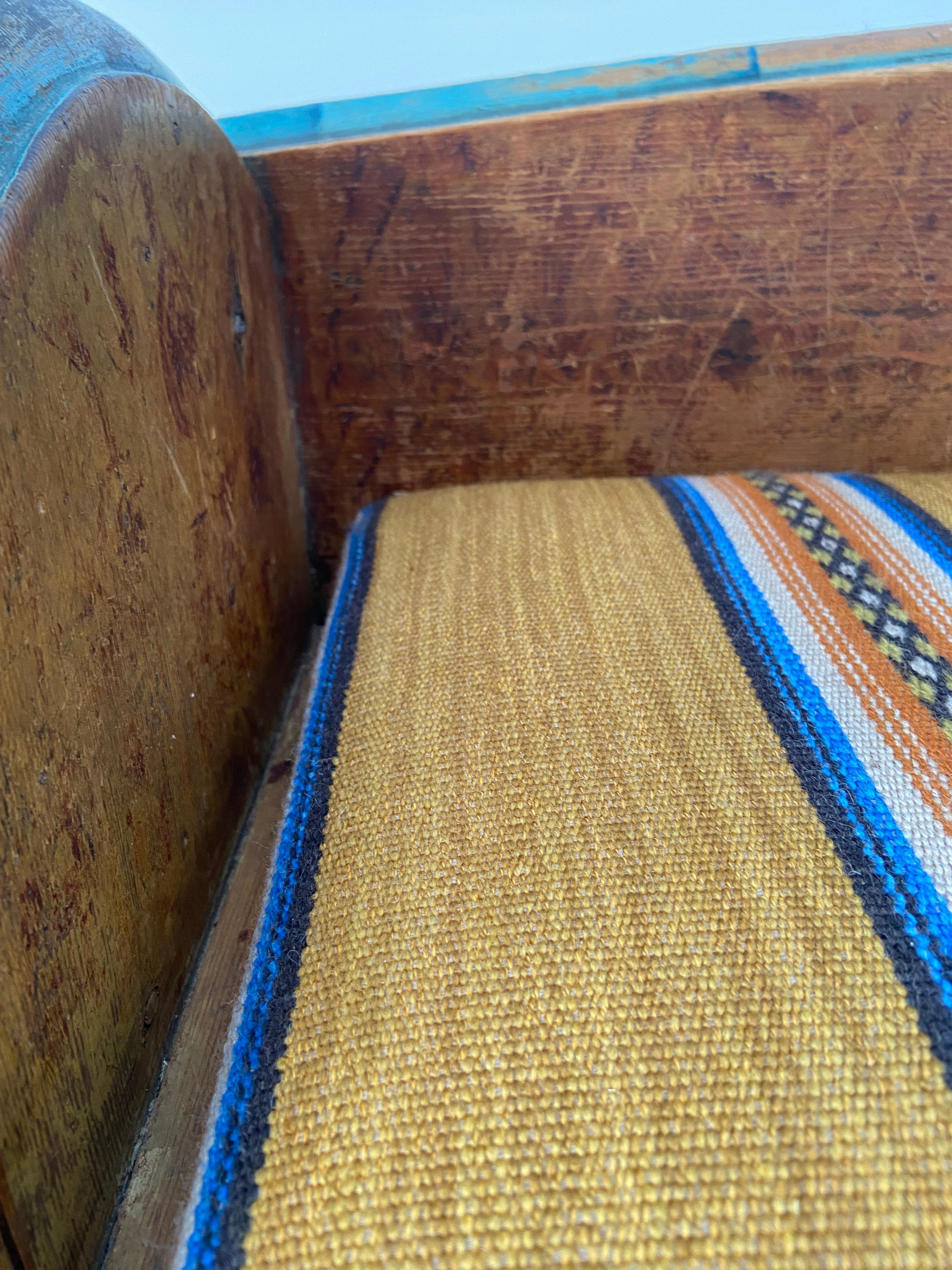 Textile Antique Folk Art Bench In Pine With Upholstered Seat, Sweden Late 18th-Century