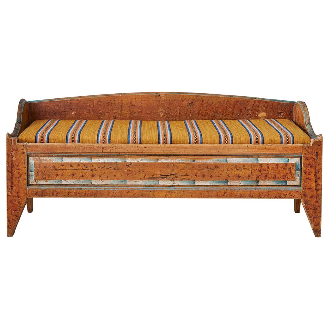 Antique Folk Art Bench In Pine With Upholstered Seat, Sweden Late 18th-Century