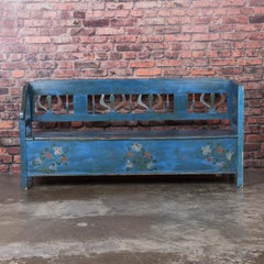 Antique Folk Art Blue Painted Hungarian Storage Bench