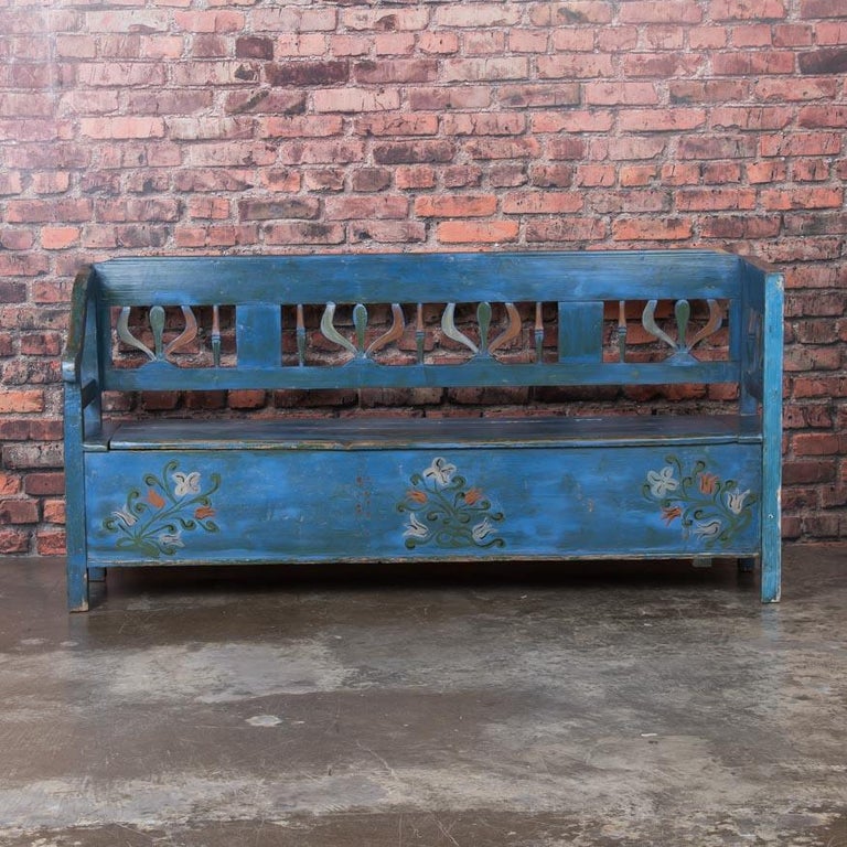 Antique Folk Art Blue Painted Hungarian Storage Bench at 1stDibs
