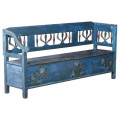 Antique Folk Art Blue Painted Hungarian Storage Bench