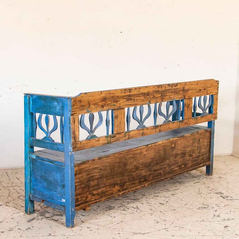Antique Folk Art Blue Painted Storage Bench from Hungary at 1stDibs