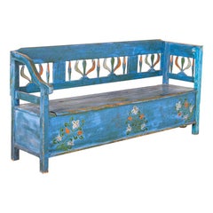 Antique Folk Art Blue Painted Storage Bench from Hungary