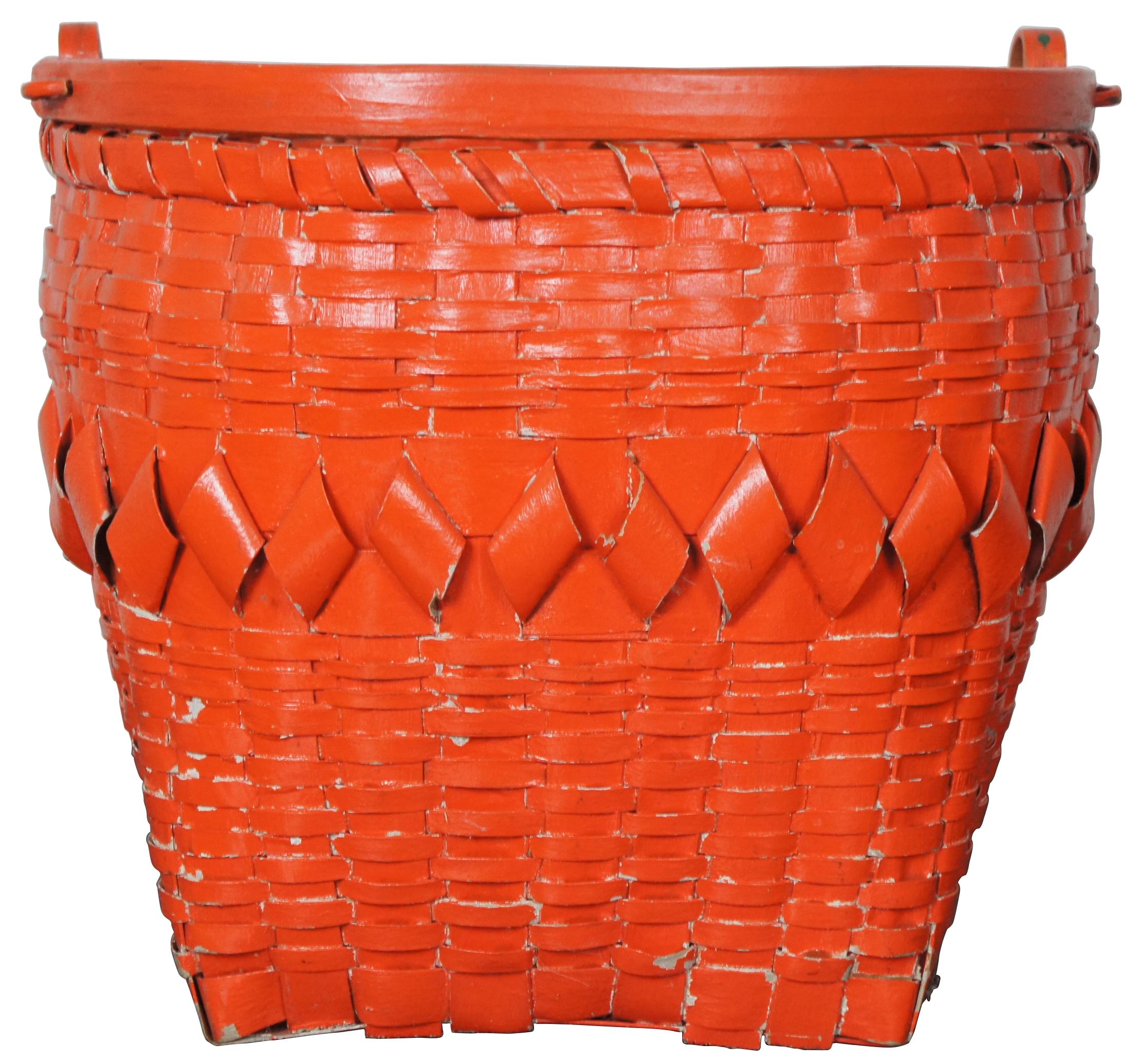 Antique Folk Art Boho Orange Painted Woven Wicker Basket w Bentwood ...