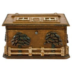 Antique Folk Art Box with Carved and Painted Cottage Scenes