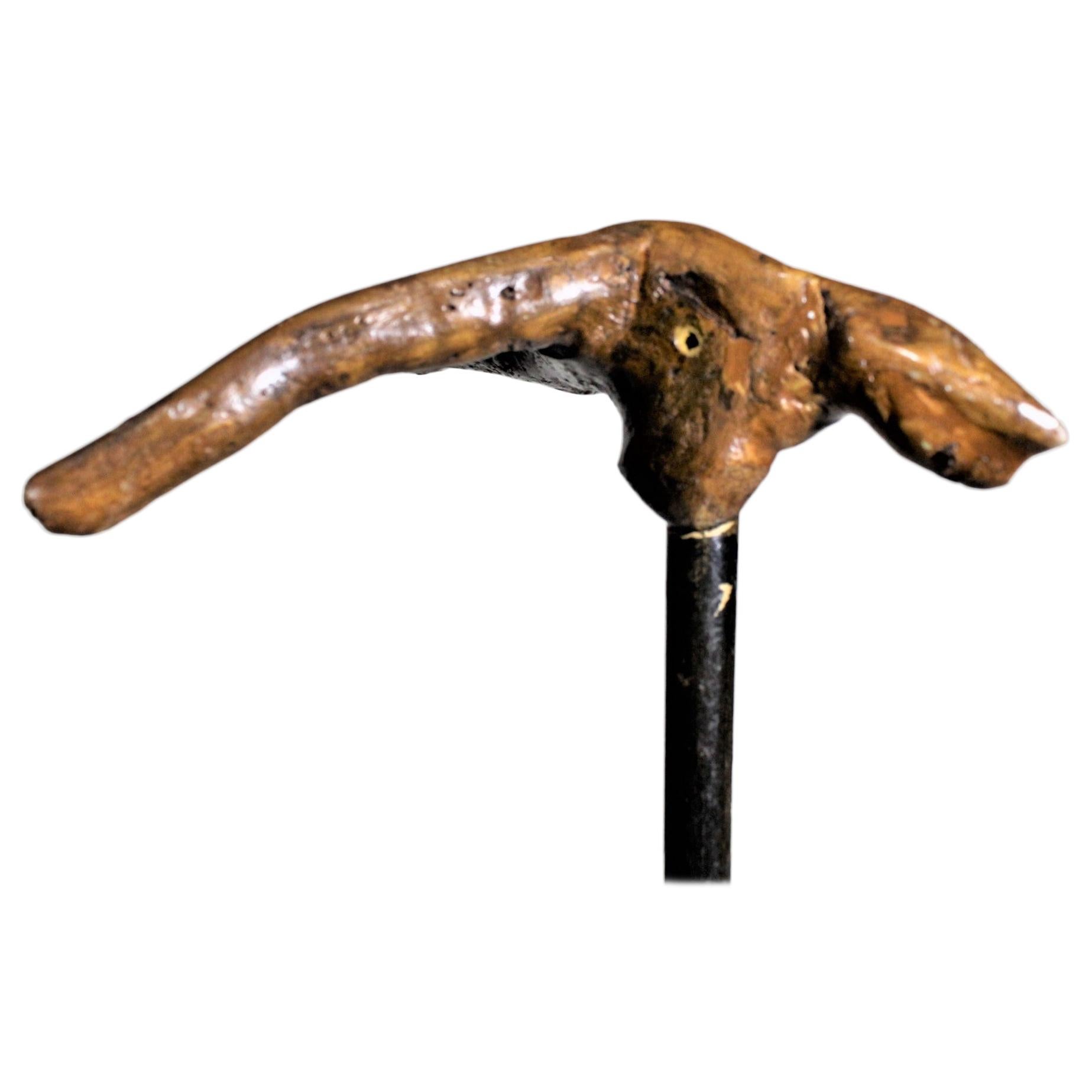 Canne ou bâton de marche d'art populaire ancien avec poignée en bois de broussin en vente