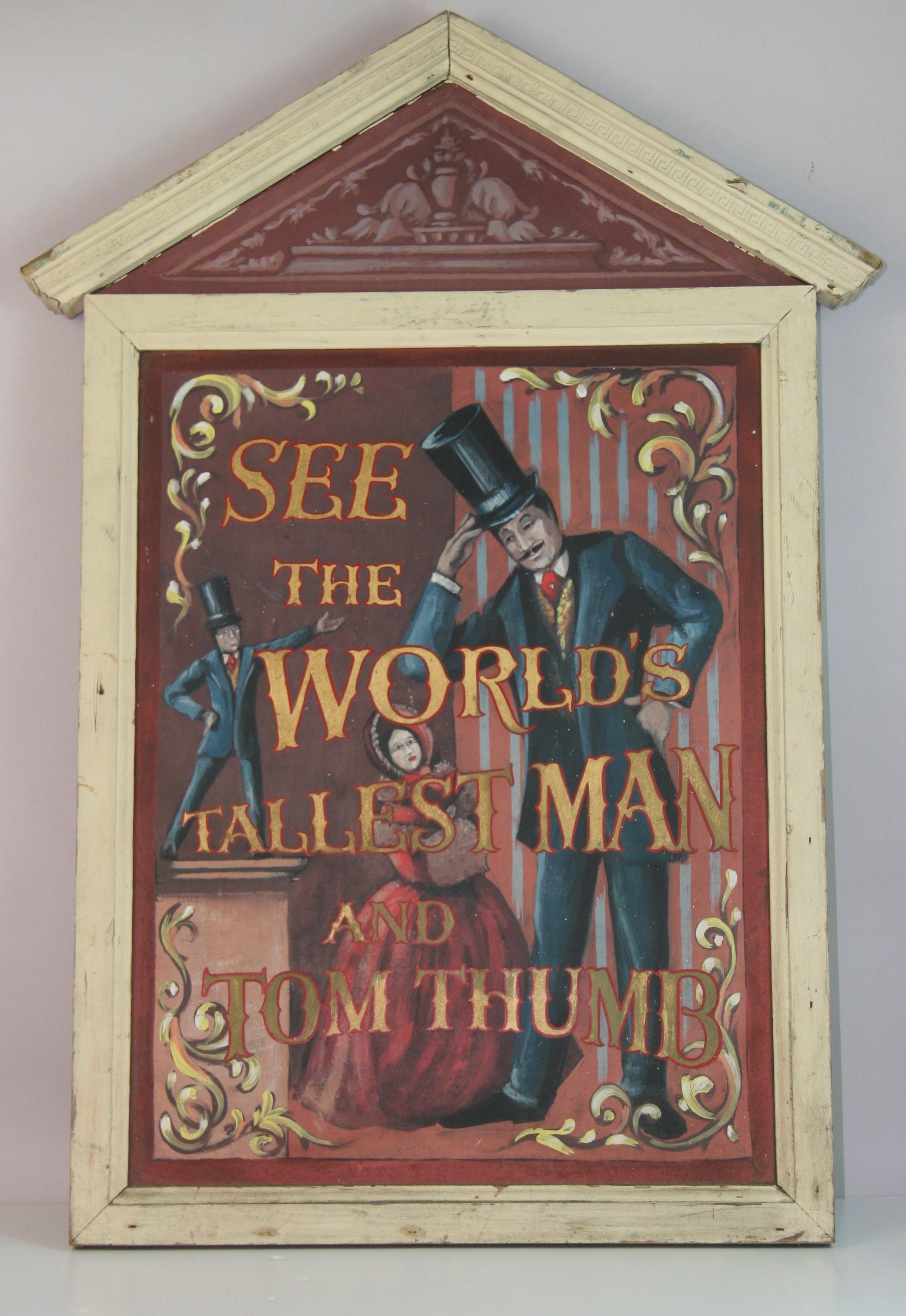 1677 Cartel de carnaval pintado a mano el hombre más alto del mundo y Tom tump
En un marco frontón