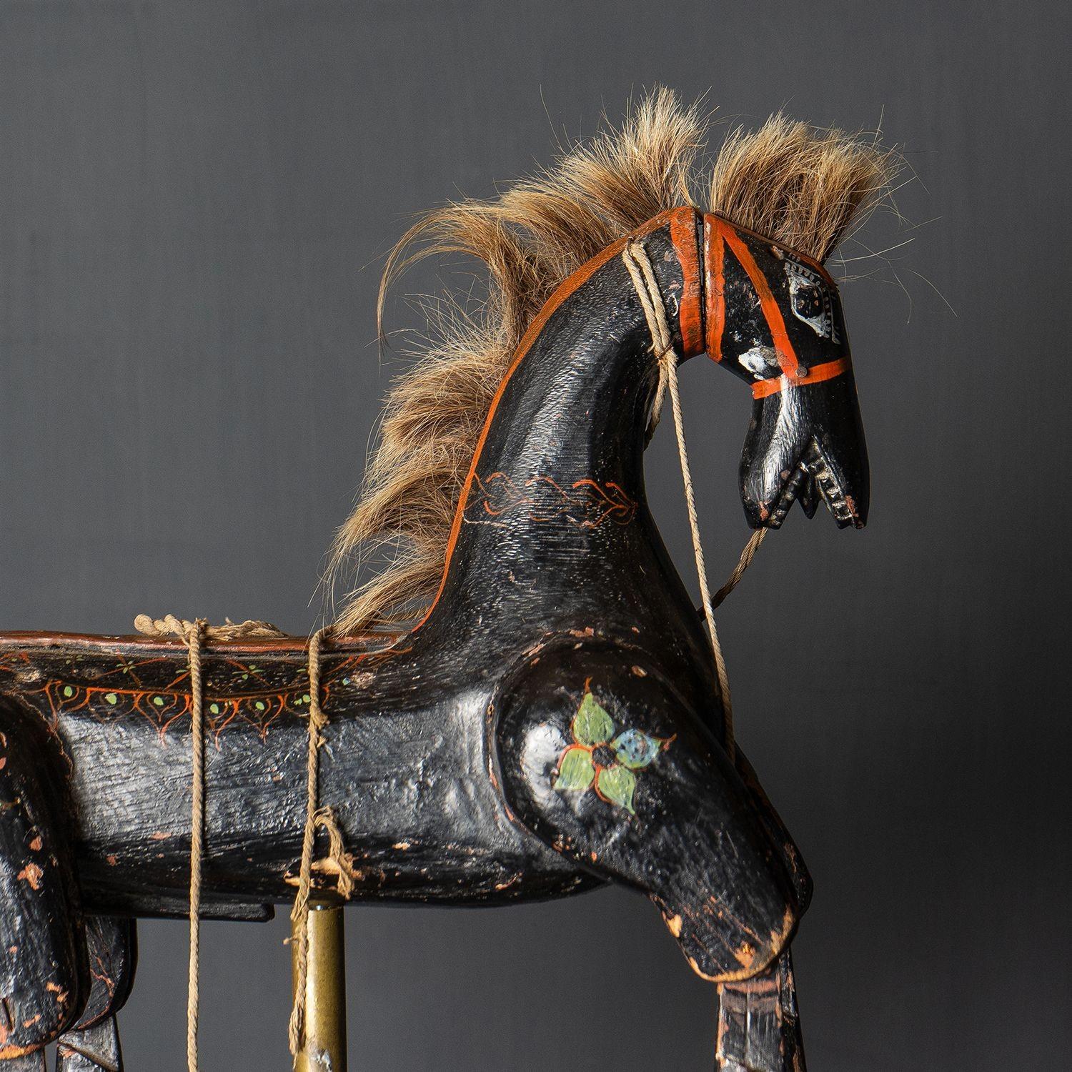 18th Century Antique Folk Art Carved And Painted Articulated Horse Puppet