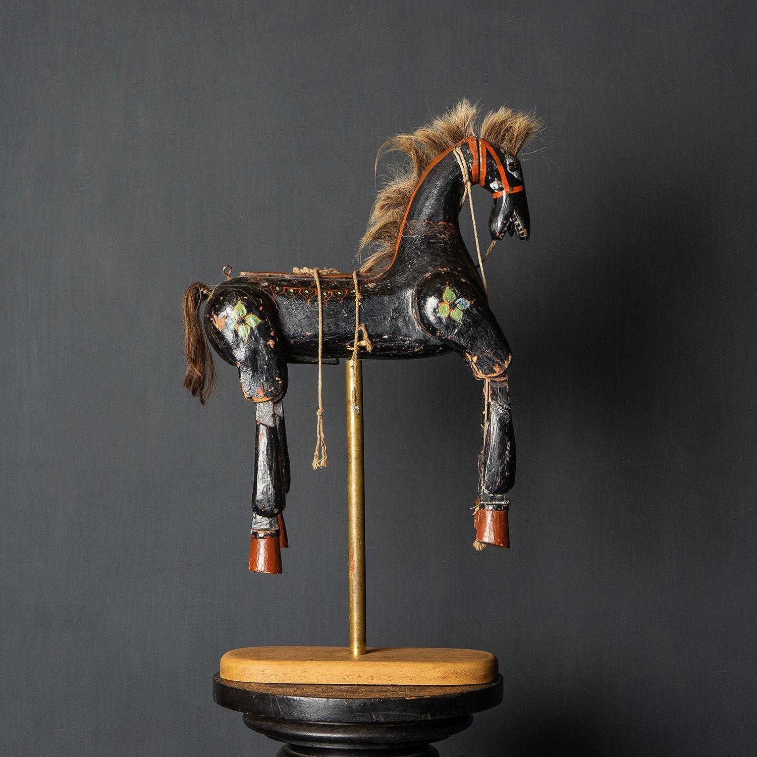 Wood Antique Folk Art Carved And Painted Articulated Horse Puppet