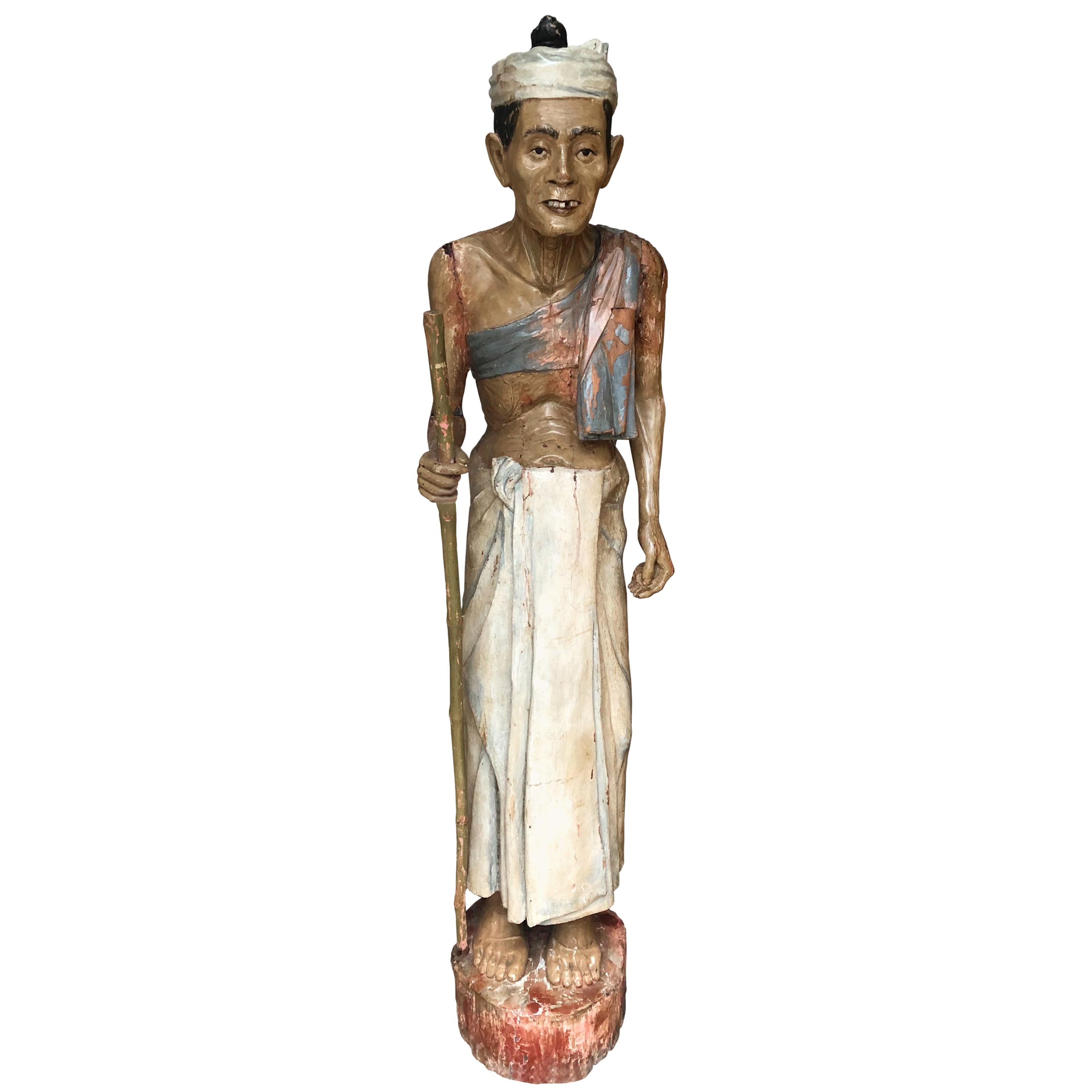Antique Folk Art Carved Gesso over Wood and Hand Painted Native Man Statue