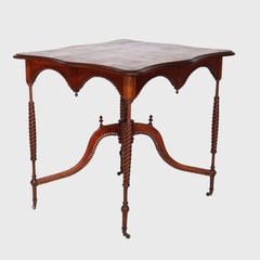 Antique Folk Art Carved Mixed Wood Parquetry & Inlaid Lamp Table c1920