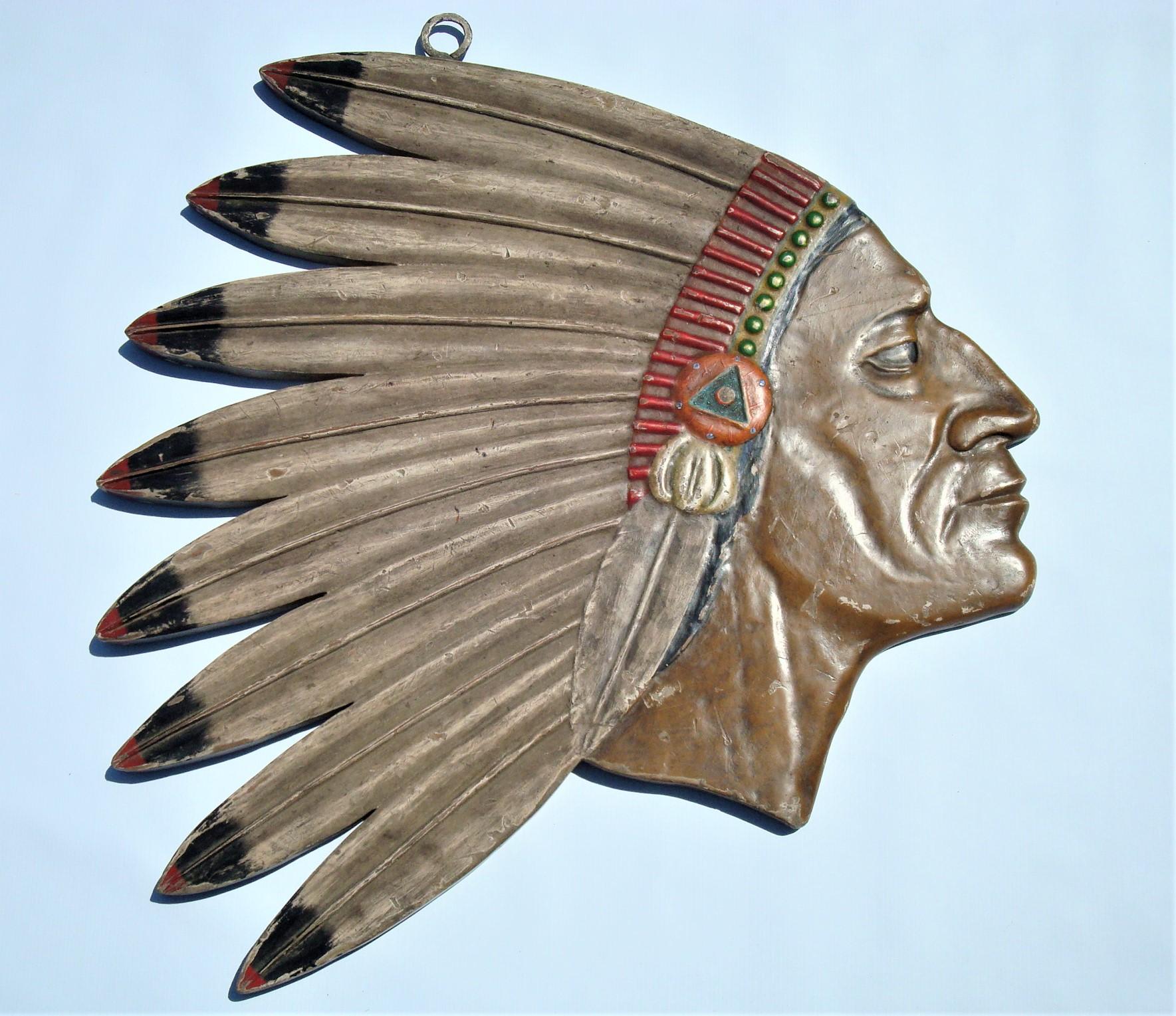 Wood Antique Folk Art Carved Native American Chief Head Advertising Sign