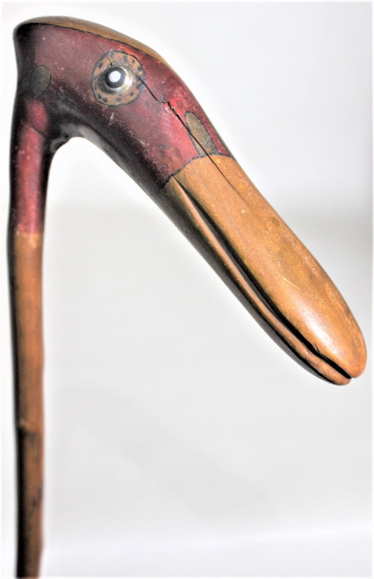 Antique Folk Art Carved and Painted Cane or Walking Stick with Exotic