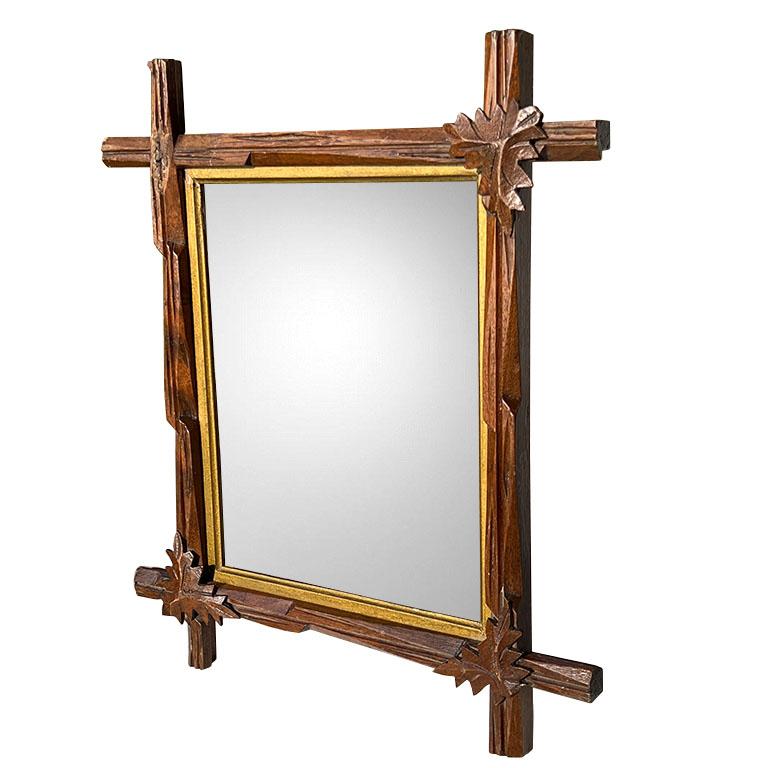 Antique Folk Art Carved Wood Tramp Adirondack Gilt Mirror in Brown and Gold In Good Condition For Sale In Oklahoma City, OK