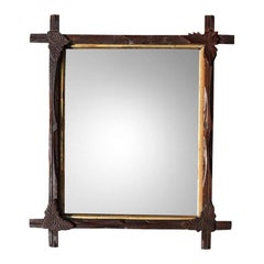Antique Folk Art Carved Wood Tramp Adirondack Gilt Mirror in Brown and Gold