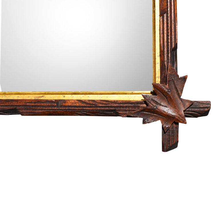 American Antique Folk Art Carved Wood Tramp Gilt Mirror in Brown and Gold, 1920s