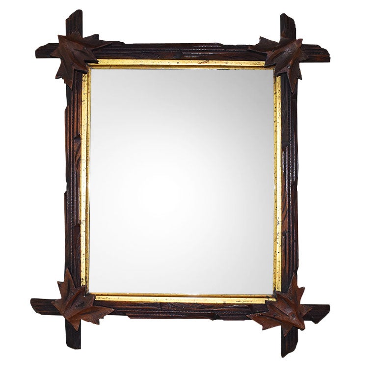 Early 20th Century Antique Folk Art Carved Wood Tramp Gilt Mirror in Brown and Gold, 1920s