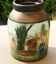 Antique Ceramic Crock Pot, Hand Painted Cow Scene, EHB Initialed, 1890