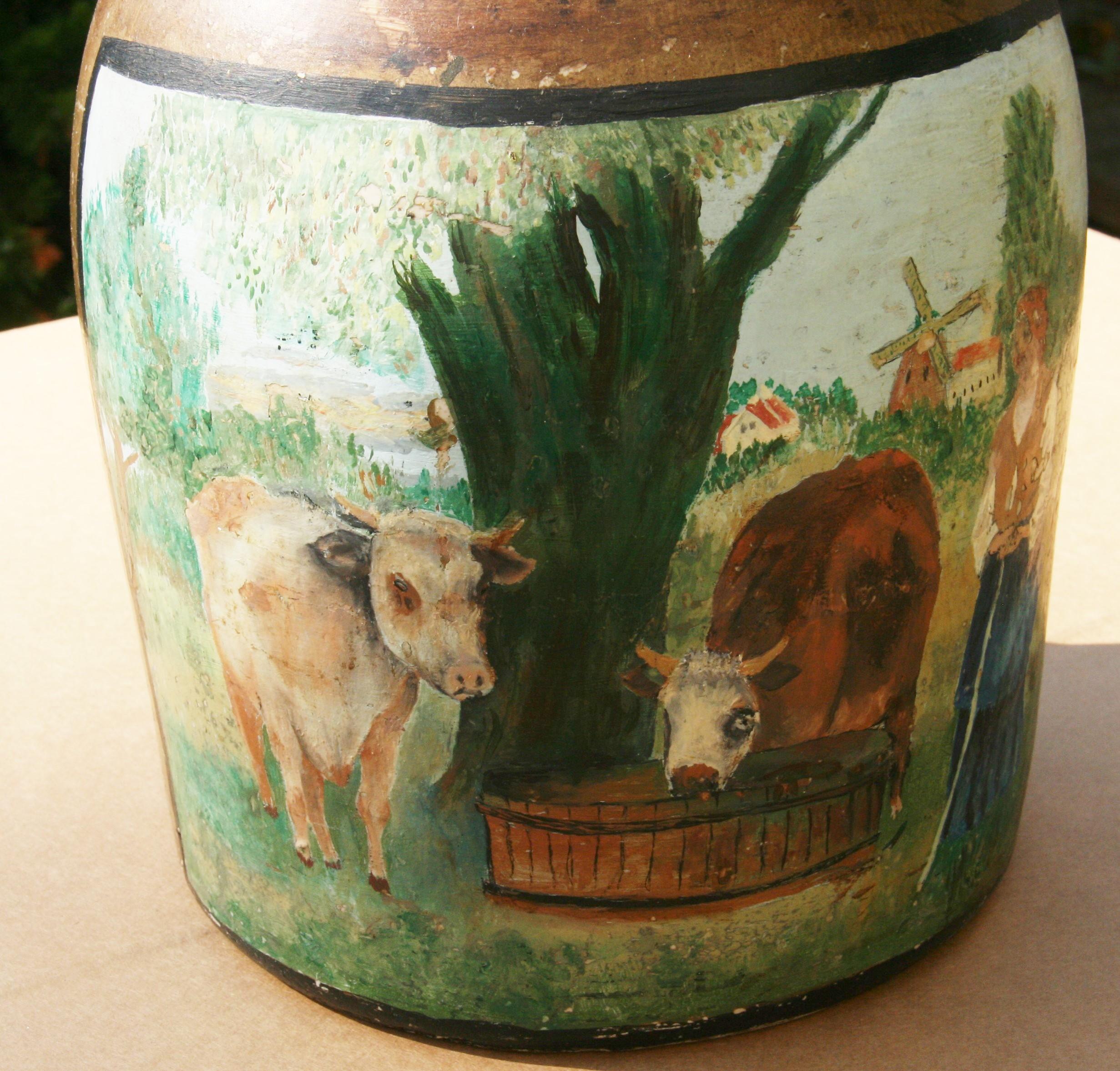 Pot de rocher antique peint à la main avec une scène bucolique de vaches Bon état - En vente à Douglas Manor, NY