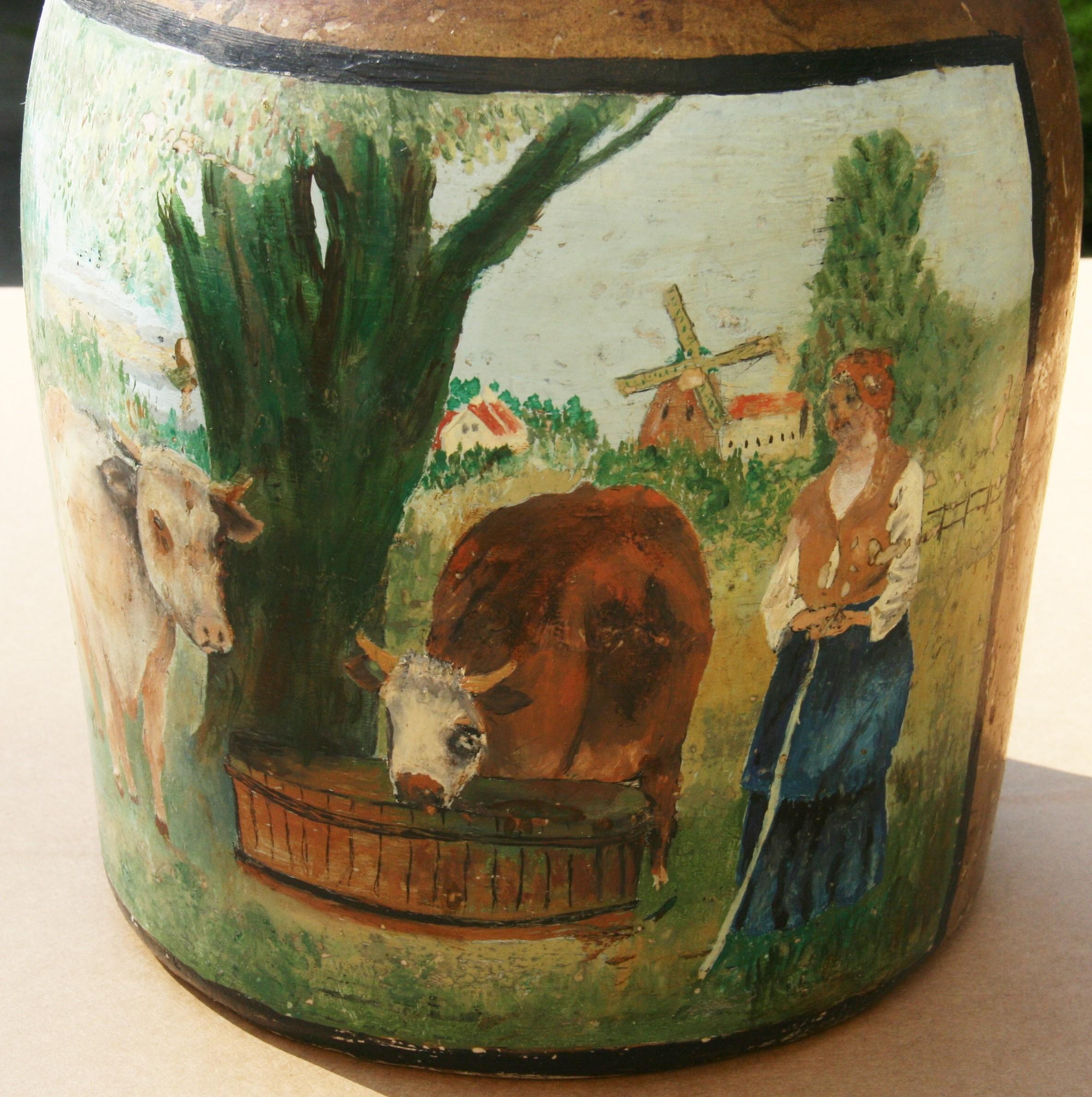 Fin du XIXe siècle Pot de rocher antique peint à la main avec une scène bucolique de vaches en vente