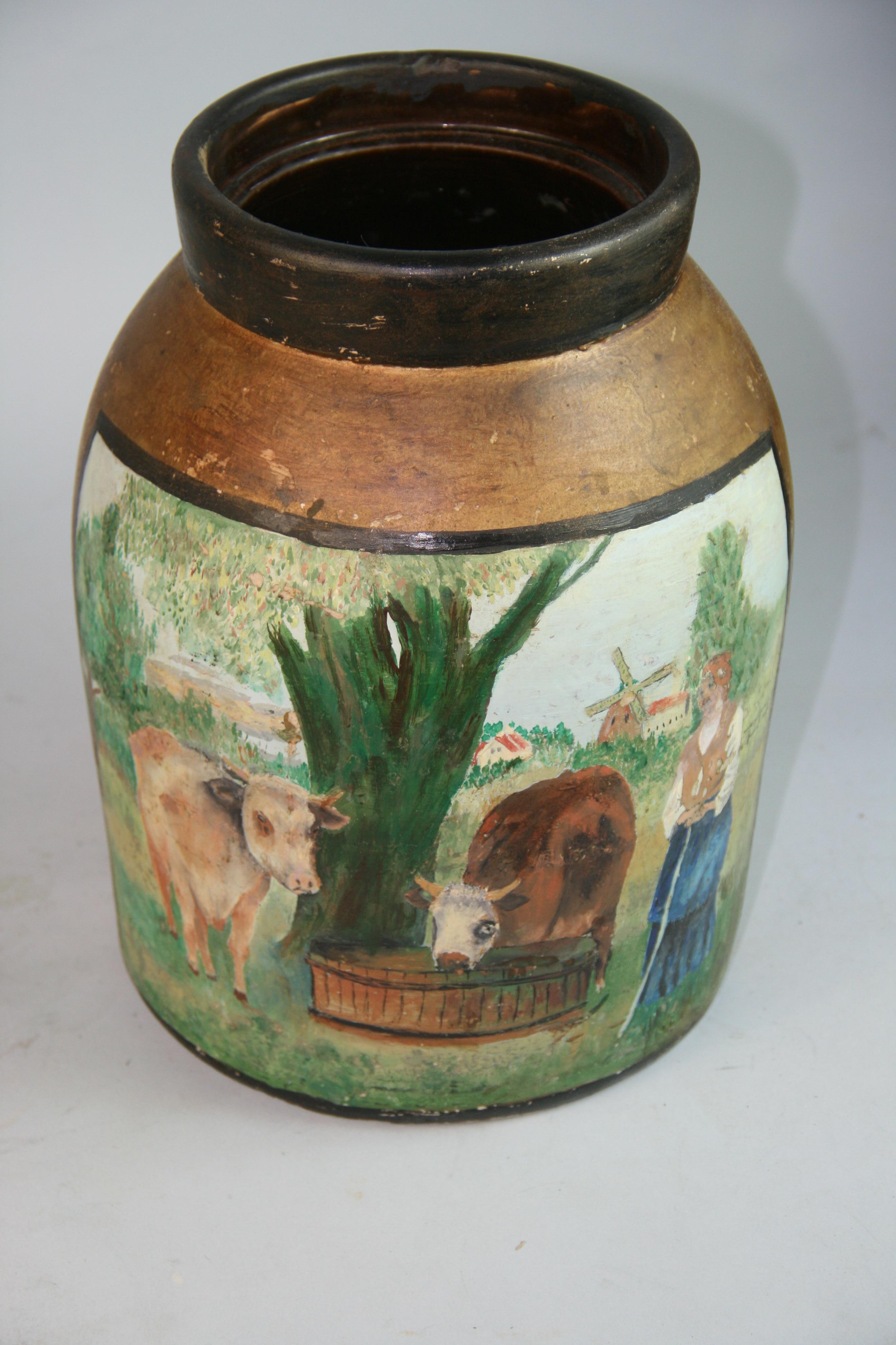 Pot de rocher antique peint à la main avec une scène bucolique de vaches en vente 3