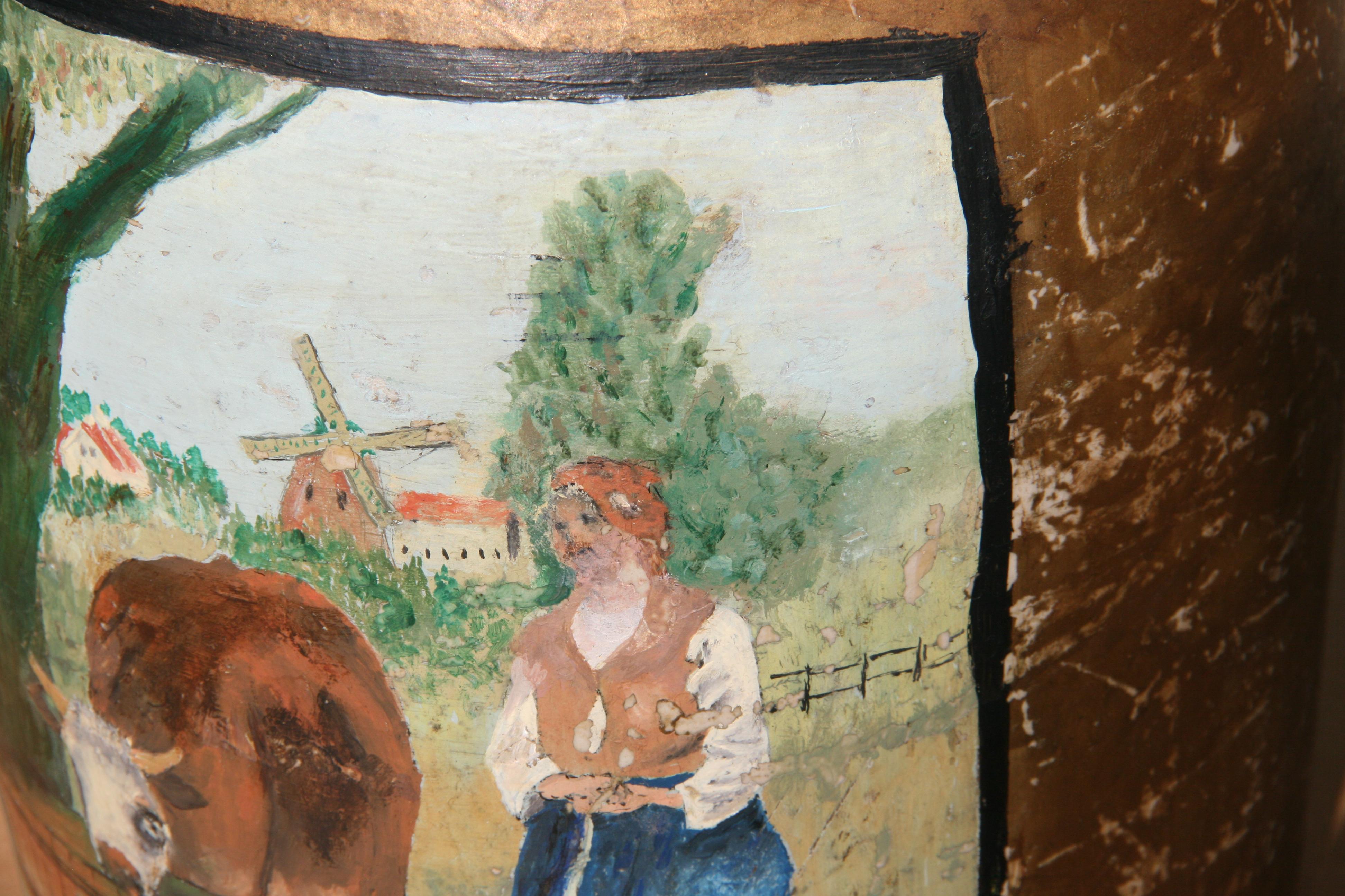 Pot de rocher antique peint à la main avec une scène bucolique de vaches en vente 3