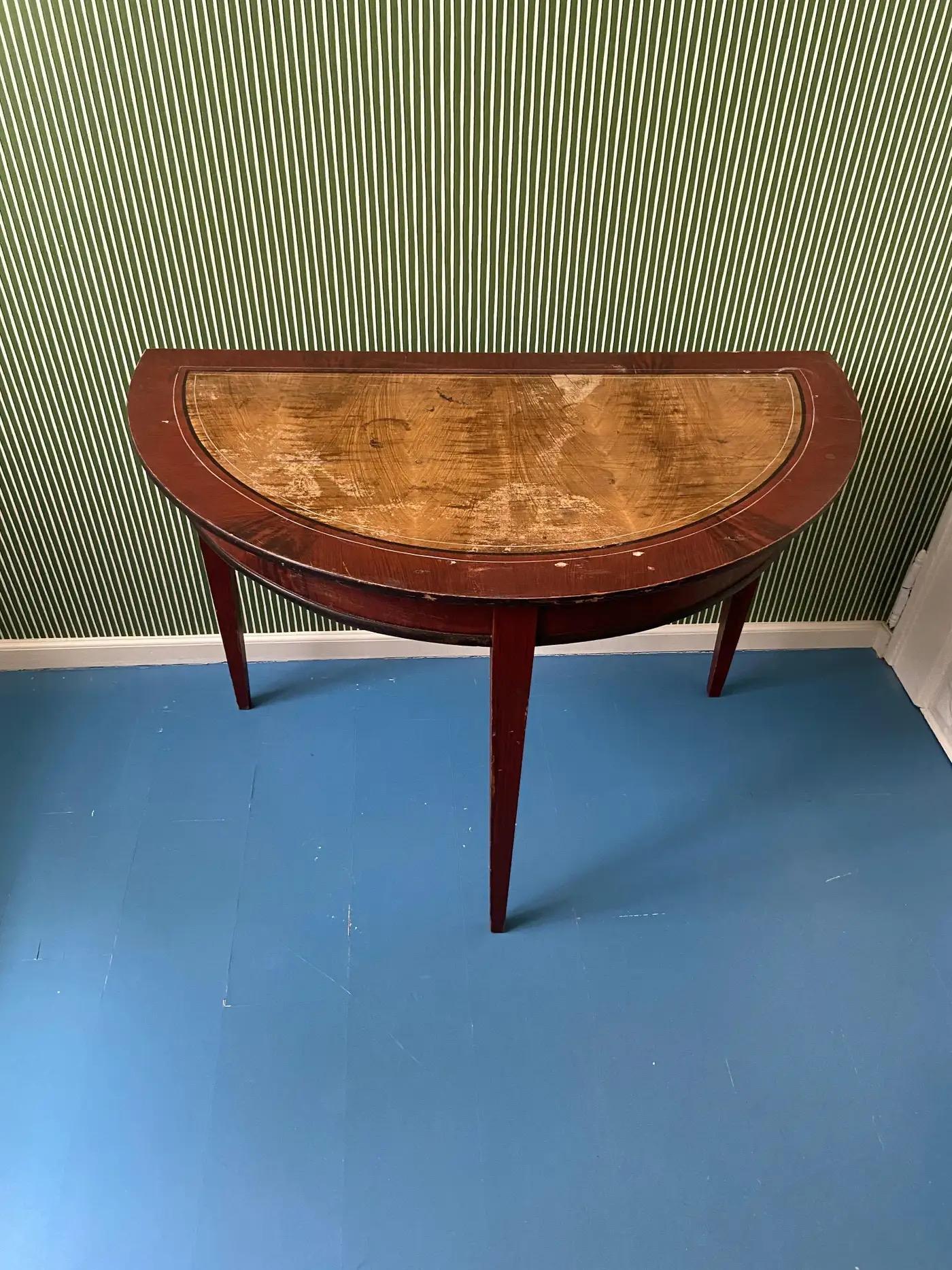 Hand-Painted Antique Folk Art Demi Lune Table in Painted Wood, Sweden, Mid-19th Century For Sale