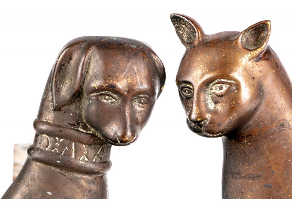 Antique Folk Art Dog And Cat Form Brass Andirons In Fair Condition For Sale In Bridgeport, CT