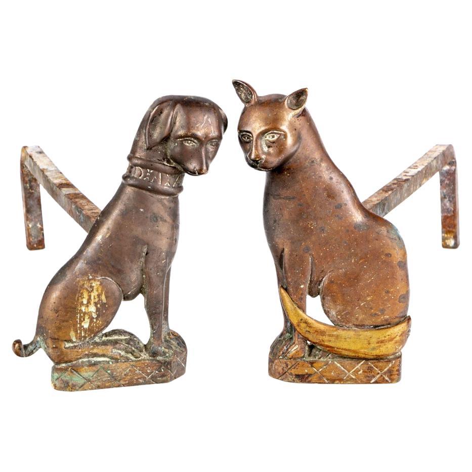 Antique Folk Art Dog And Cat Form Brass Andirons