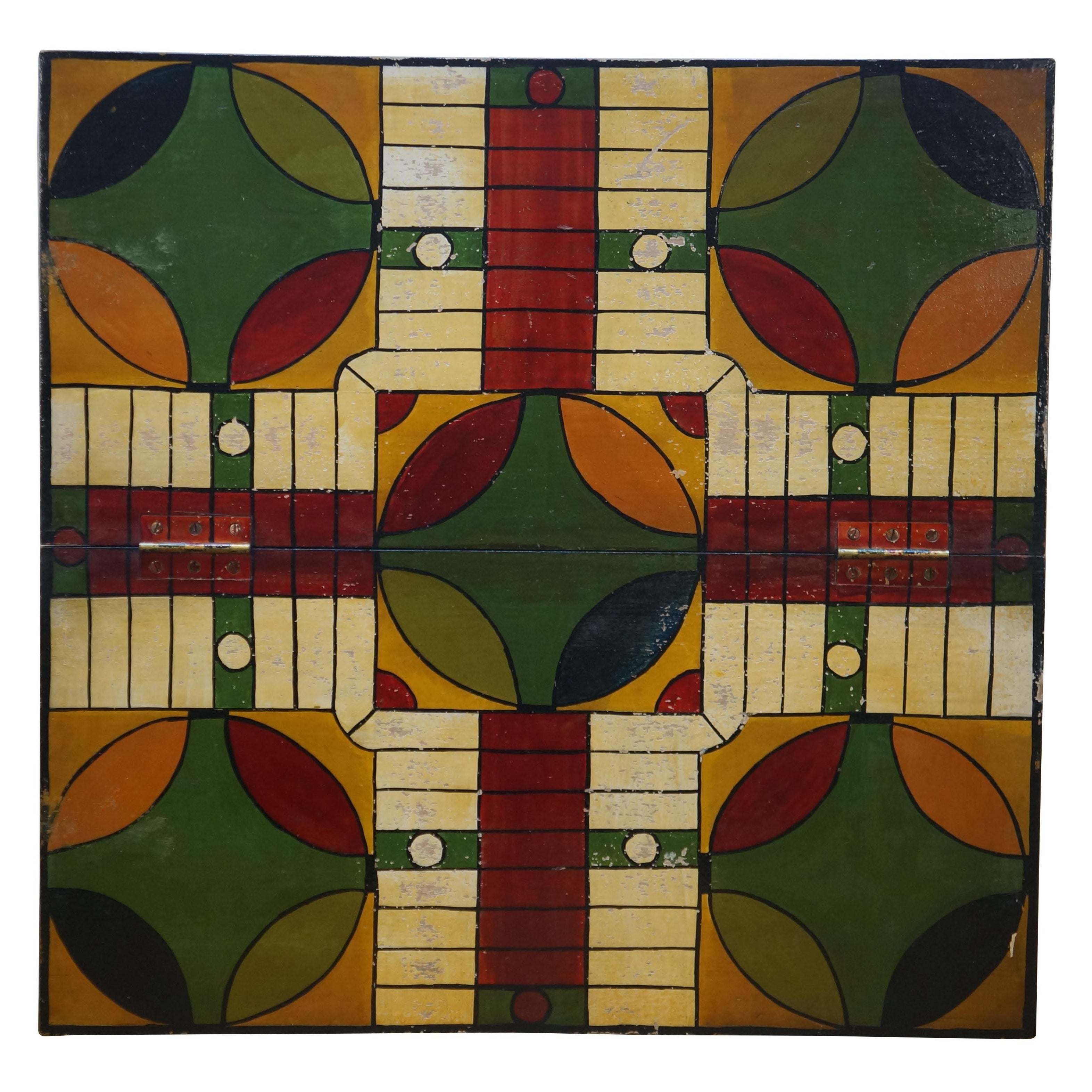 Antique Folk Art Double Sided Folding Parcheesi Chess Checkers Game Board 18"