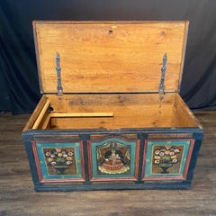 Antique Folk Art Floral Painted Blanket Chest with Virgin Mary and Child