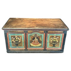 Antique Folk Art Floral Painted Blanket Chest with Virgin Mary and Child