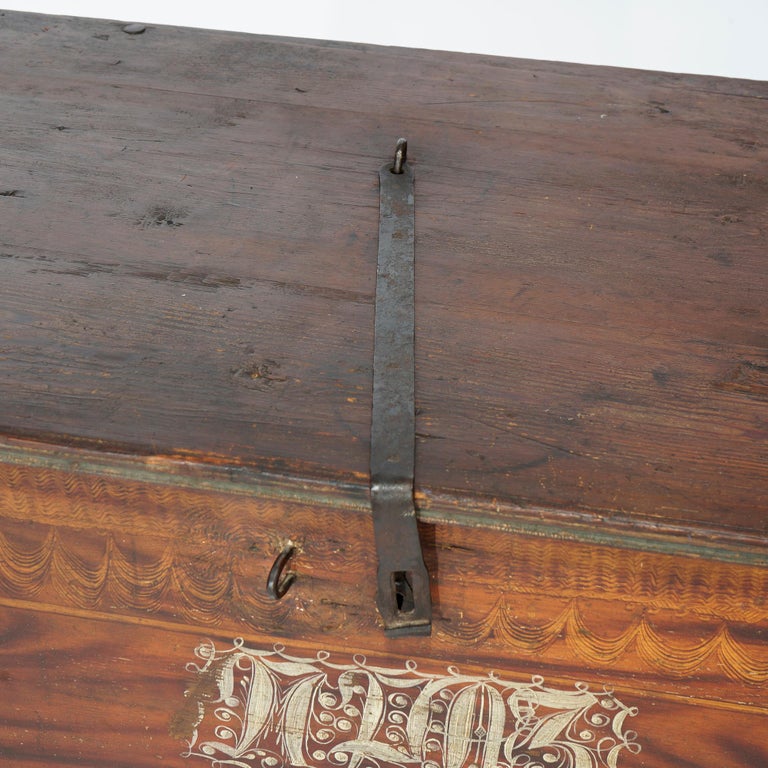 Antique Folk Art Grain Painted Blanket Chest with Strap Hinges, Dated