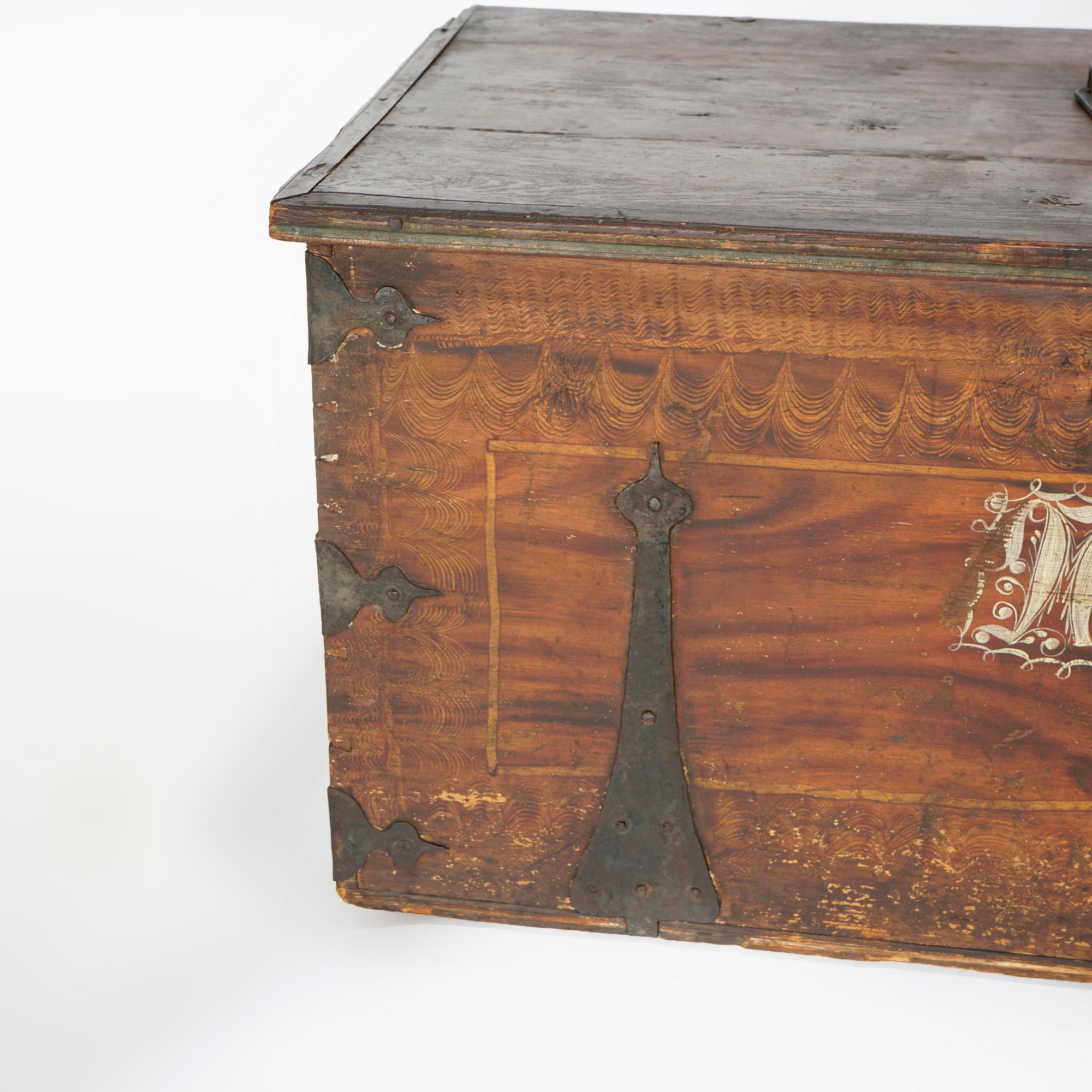 19th Century Antique Folk Art Grain Painted Blanket Chest with Strap Hinges, Dated 1846 For Sale