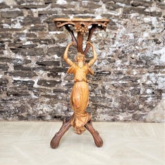 Antique Folk Art Grape Vine Table with Hand-Carved Woman & Floral Details