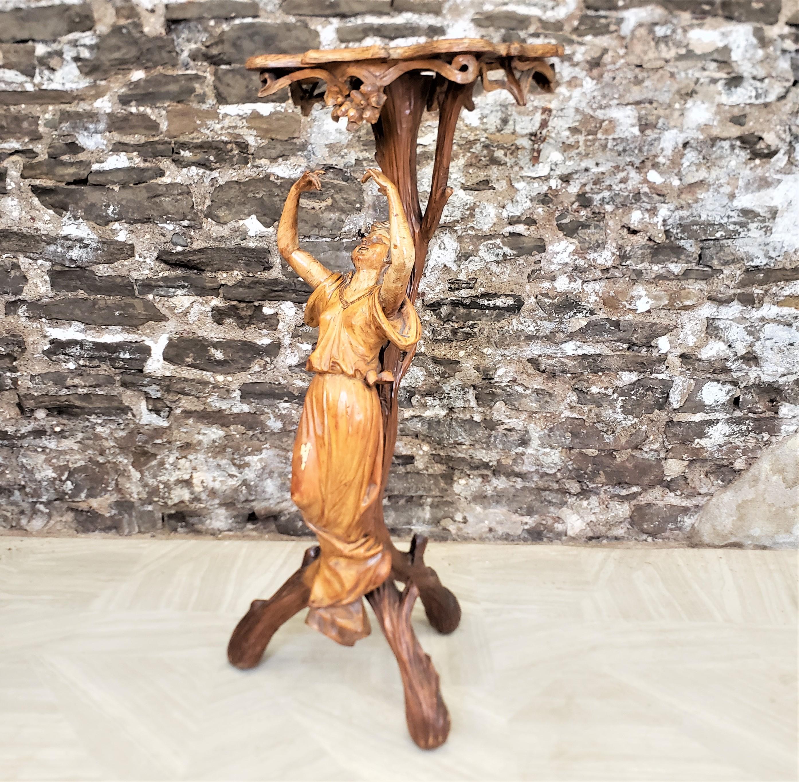 Antique Folk Art Grape Vine Table with Hand-Carved Woman & Floral Details In Good Condition For Sale In Hamilton, Ontario