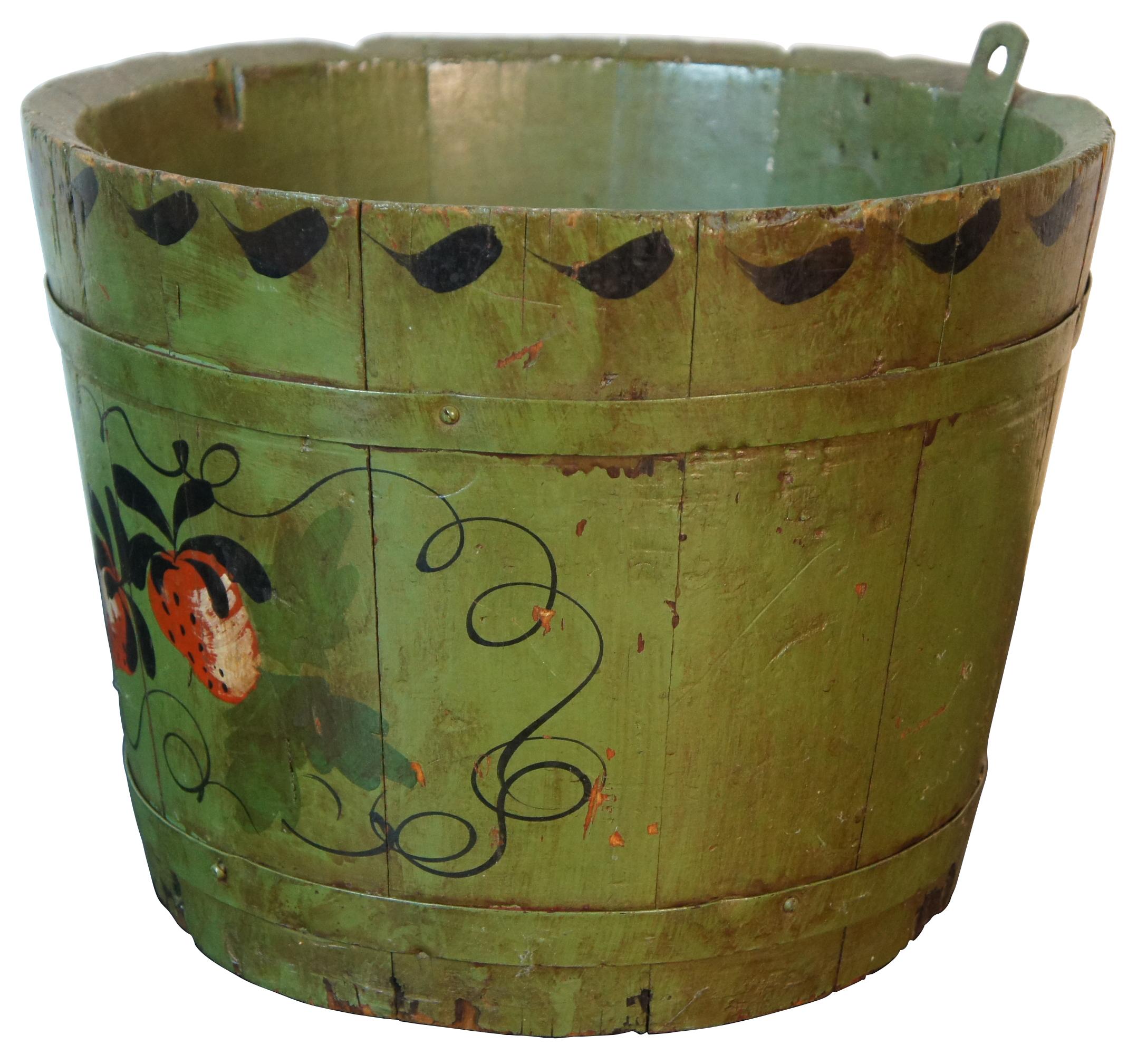 Antique Folk Art wooden firkin painted green with strawberries and black leaf border. Measure: 12