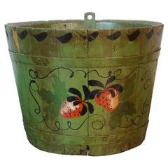 Used Folk Art Green Painted Strawberry Bucket Firkin Bushel Basket Pail