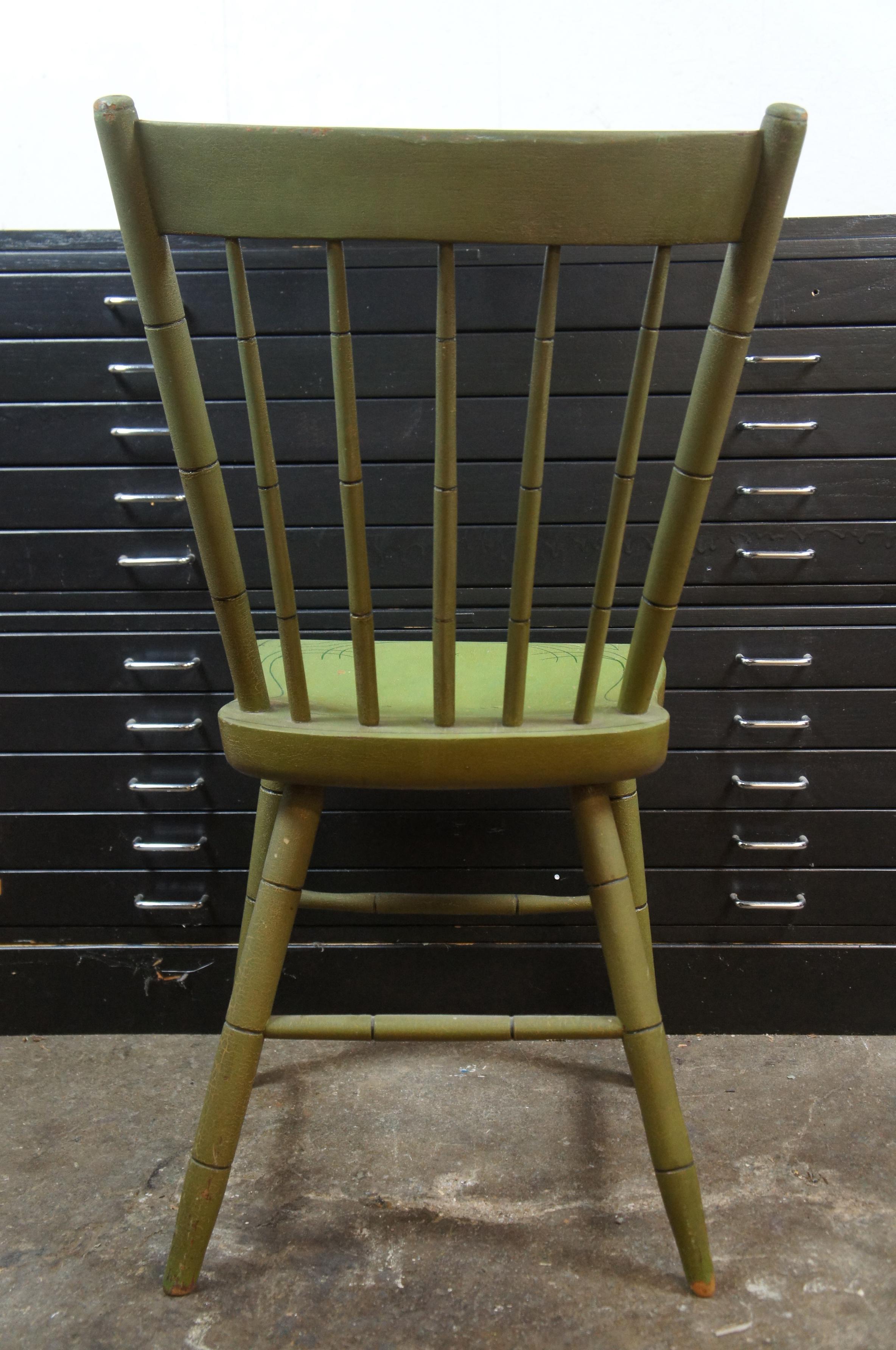 Antique Folk Art Green Painted Windsor Spindle Back Side Desk Chair Farmhouse In Good Condition In Dayton, OH