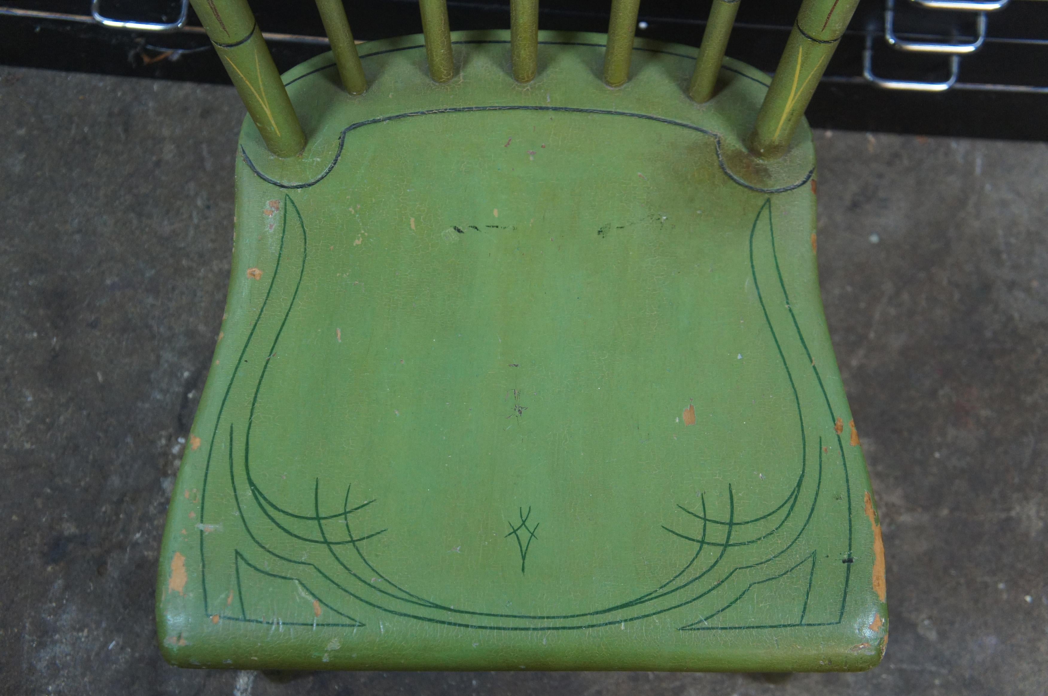 20th Century Antique Folk Art Green Painted Windsor Spindle Back Side Desk Chair Farmhouse