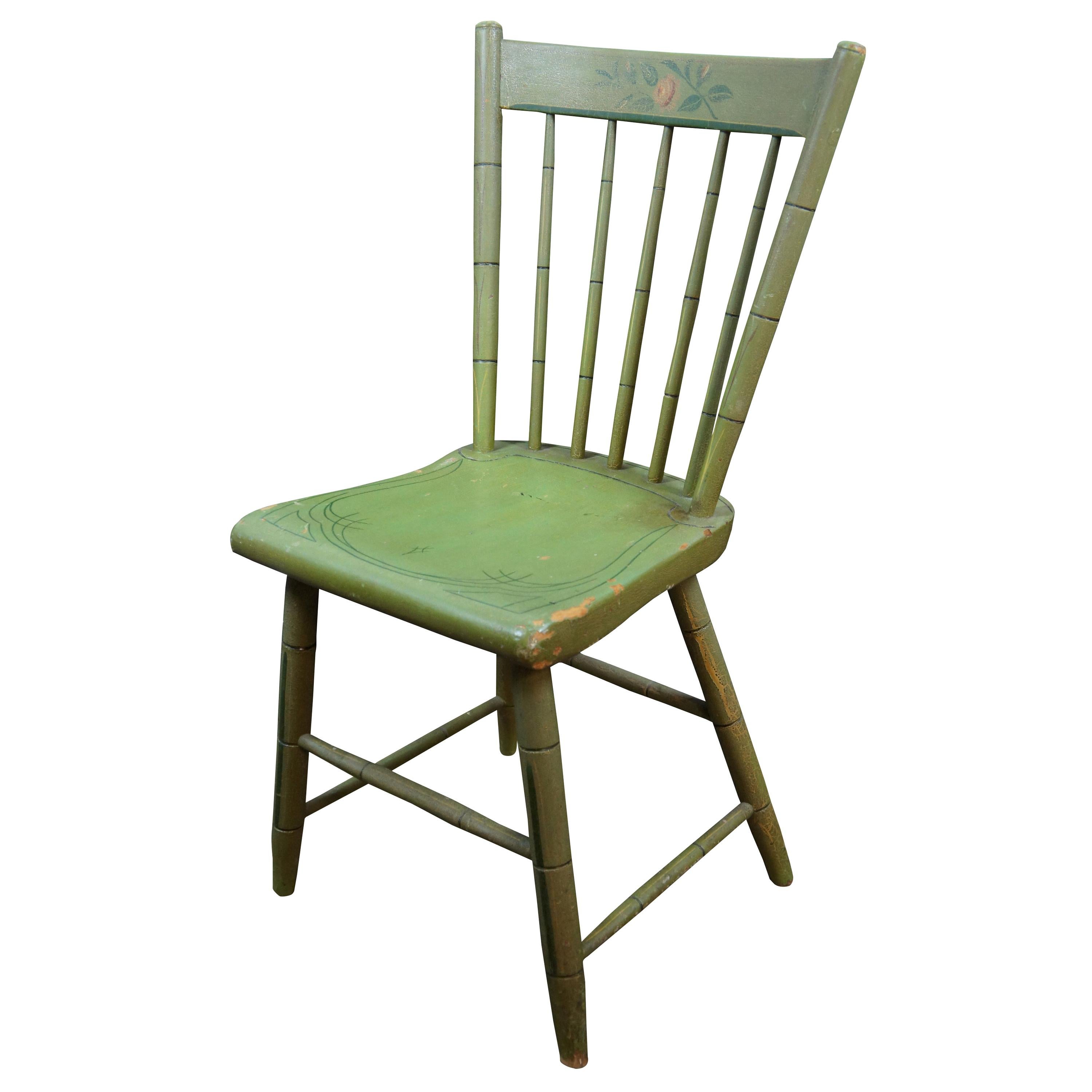 Antique Folk Art Green Painted Windsor Spindle Back Side Desk Chair Farmhouse